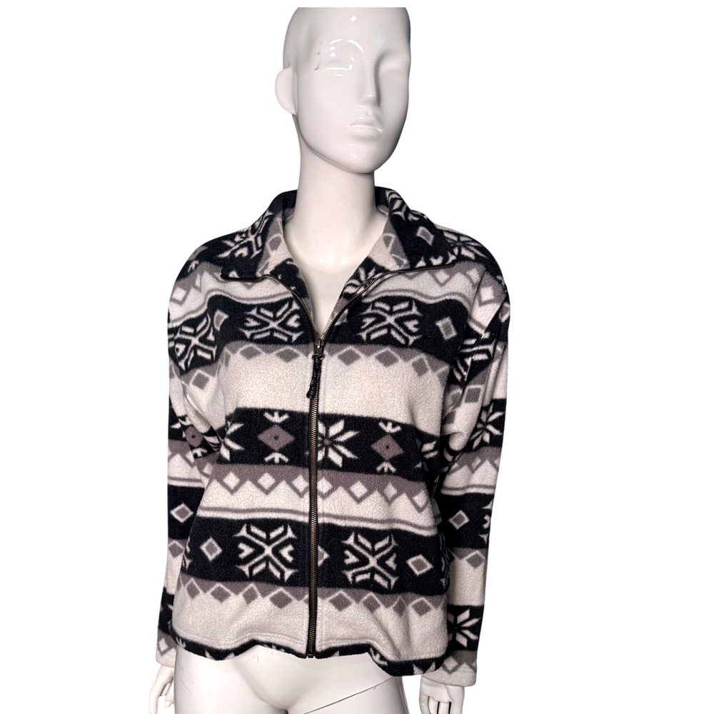 Vintage Lavon Large Fleece Jacket Full Zip Fair Isle Snowflake Black White Grey